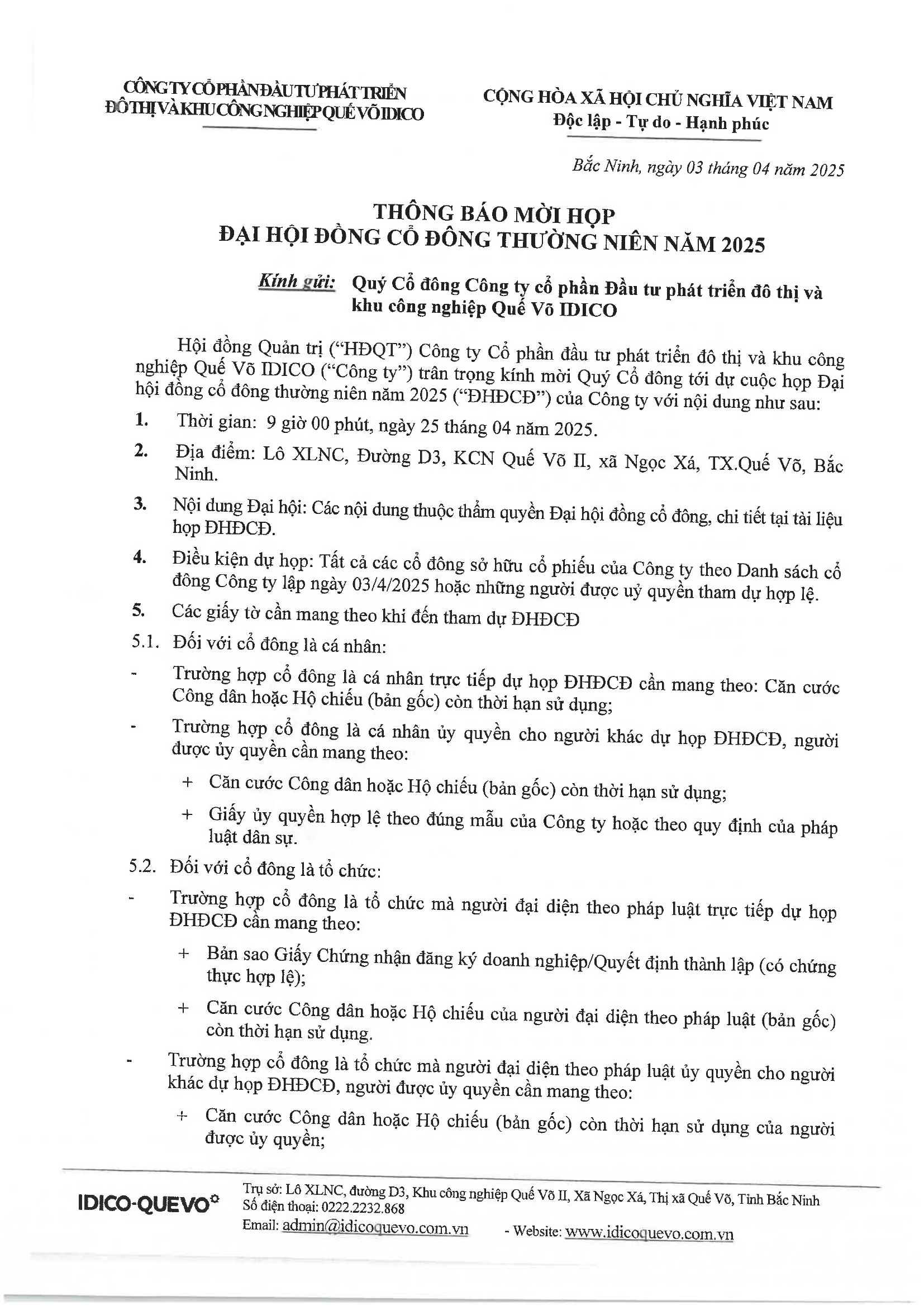 Tài liệu Đại hội đồng cổ đông thường niên 2025 Công ty IDICO-QUEVO